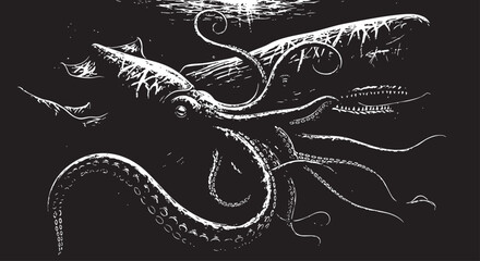 Octopus, sea creature, underwater, white illustration, black background, tentacles © হরি চাঁদের চাঁদ