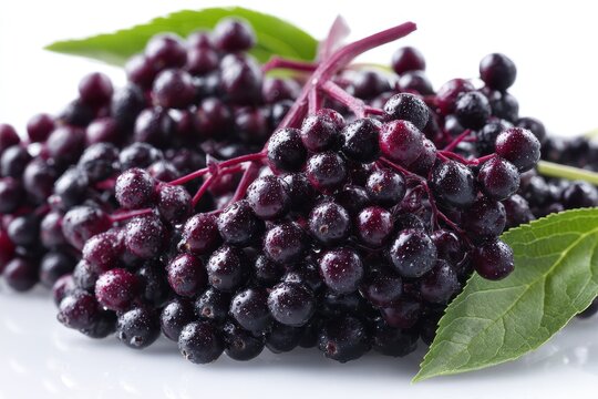 Studio still-life of elderberry cluster with green stems on a clean white background