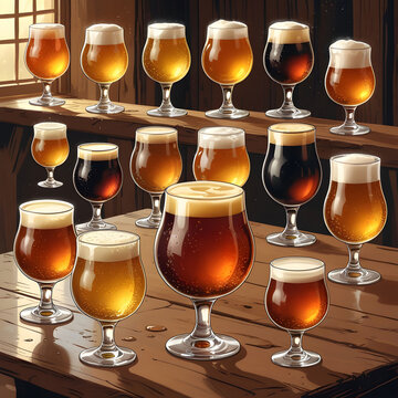A set illustrations of beer in glasses