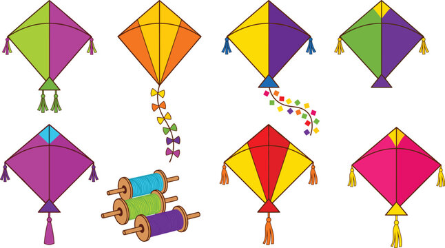 Colorful Makar Sankranti Kite Illustration Set with Patang and Manjha Spools for Indian Winter Festival Celebration, Vector Graphic Elements Isolated on White Background.