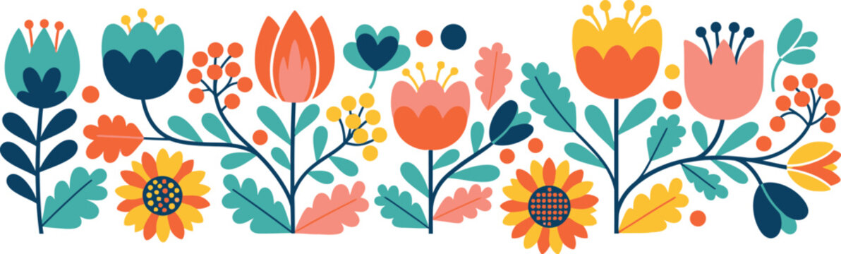 Colorful floral pattern with tulips and sunflowers on white background