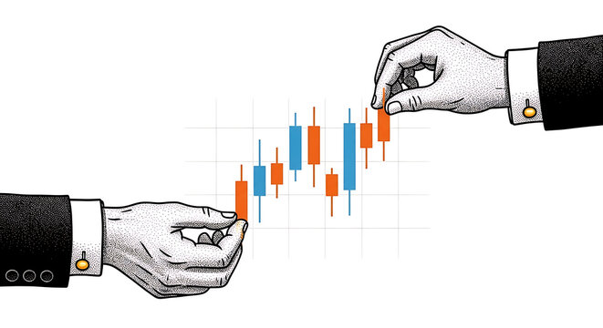 Stylized illustration of business hands interacting with a candlestick stock market chart business candlestick investment analysis businessman exchange manipulation strategy portfolio