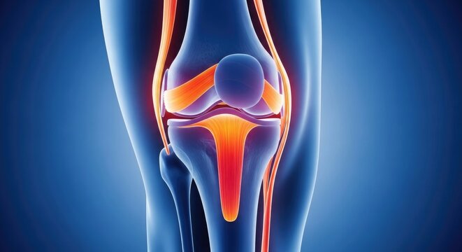Human knee joint anatomy illustration with heat map overlay