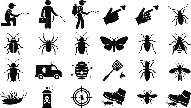 Professional Vector Collection of Pest Control Icons Featuring Exterminator Spraying Pesticide Cockroach Spider Ant Fly Beetle Insects Service Van and Bug Extermination Equipment for Business.