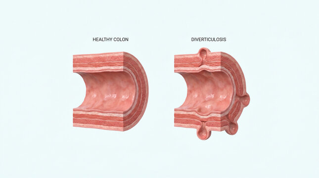 Diverticulosis Intestinal Pockets vs Healthy Colon Anatomy Comparison