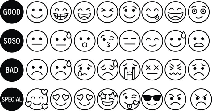 Comprehensive Collection of Emoji Face Icons Categorized by Good SoSo Bad and Special Ratings Featuring Happy Sad Angry and Excited Expressions for Customer Feedback Surveys.
