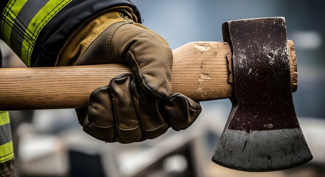 Firefighter using axe on wooden beam during rescue operation