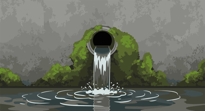 Water flows from a moss-covered pipe into a dark, rippling body of water