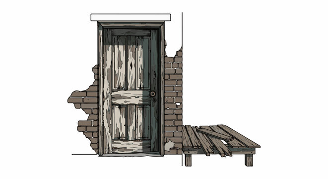 Weathered wooden door set in crumbling brick wall with damaged porch