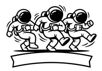 Happy astronauts dancing among stars, minimal cartoon illustration. © KosaDesign