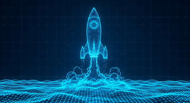 Digital wireframe rocket launch symbolizing startup success and technological innovation on blue grid background with high tech technology innovation progress exploration wireframe computer