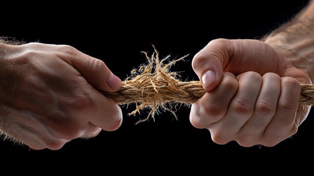 Two hands pulling a frayed rope apart, symbolizing struggle, conflict, and breaking point against a black background.