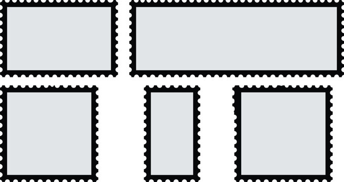 Collection of Blank Postage Stamp Templates with Perforated Edges and Different Rectangular Shapes for Mail Delivery Postal Services Philately Hobbies and Creative Graphic Design Projects.