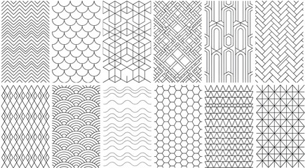 Black and white geometric pattern set featuring seamless linear designs, art deco motifs, wavy lines, hexagonal grids, and abstract architectural shapes for modern graphic background projects. © Mukta