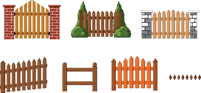 Wooden fence collection with garden gates and picket barriers isolated on light background outdoor construction vector illustration set