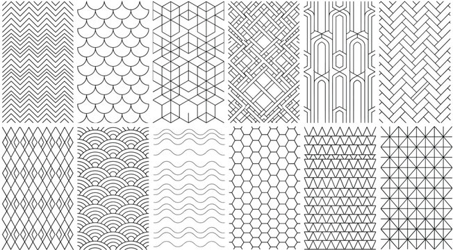 Black and white geometric pattern set featuring seamless linear designs, art deco motifs, wavy lines, hexagonal grids, and abstract architectural shapes for modern graphic background projects.