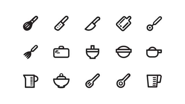 Minimalist Black Line Kitchen Utensils and Cooking Tools Icon Set Vector