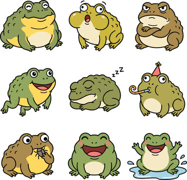 African Bullfrog cute cartoon doodle vector set design illustration