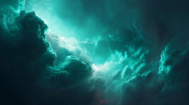 Vivid Emerald Lightning Illuminates Dark Stormy Sky With Dramatic Clouds