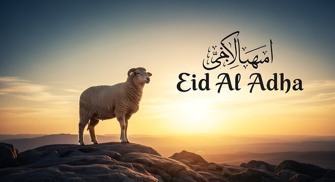A sheep with horns standing on a rocky mountain peak during a golden sunset with the text "Eid Al Adha" and Arabic calligraphy in the sky, celebrating the Islamic Festival of Sacrifice.