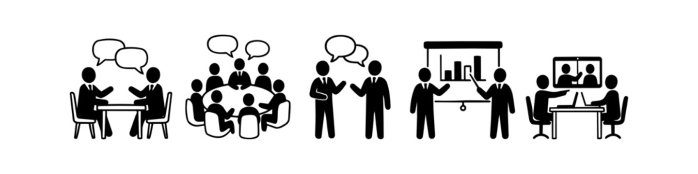 Vector icon set of business people in various meeting scenarios including video calls, presentations, group discussions, and one-on-one interviews. Simple black pictograms on white background.