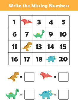 Write the missing numbers. Fun missing numbers activity sheet for kids to practice counting and number recognition. Math worksheet for kindergarten. Counting Game for Preschool Children.