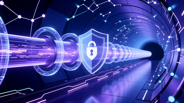 Futuristic concept of shielded data pipeline with secure tunnel layers on zero trust security network system for data protection with encrypted flow and controlled transmission