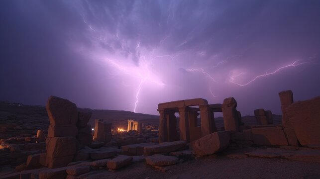 Dramatic violet lightning illuminates ancient stone ruins during a powerful nighttime storm