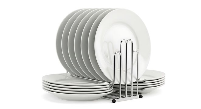 Set of clean white ceramic dinner plates organized in a chrome metal dish drying rack isolated on white background for kitchen storage and household organization solutions