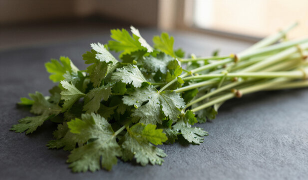 Bundle of cilantro leaves laid on textured dark surface