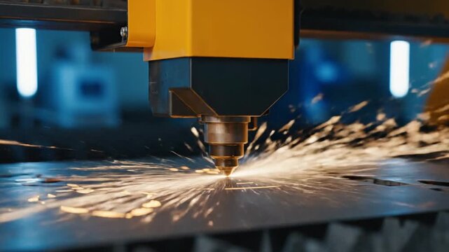 Laser cutting metal sheet with sparks.