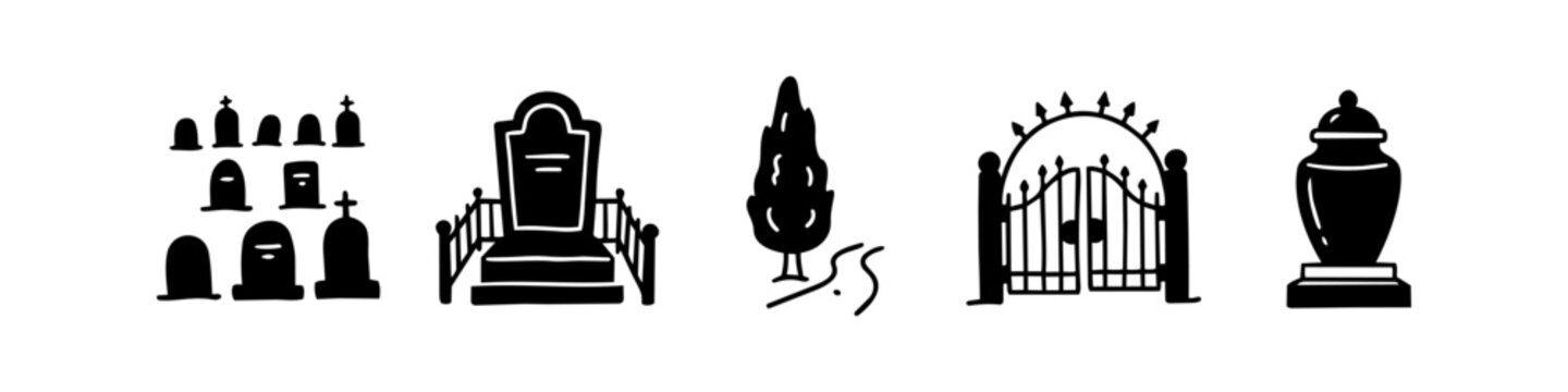 Set of hand-drawn cemetery icons and silhouettes featuring tombstones, graveyard gates, a funeral urn, and a cypress tree. Perfect for mourning, memorial designs, or spooky Halloween themes.