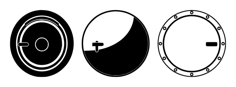 Bank vault security door icon set with solid black silhouette on white background featuring security, vault, door illustrations with bank and safety