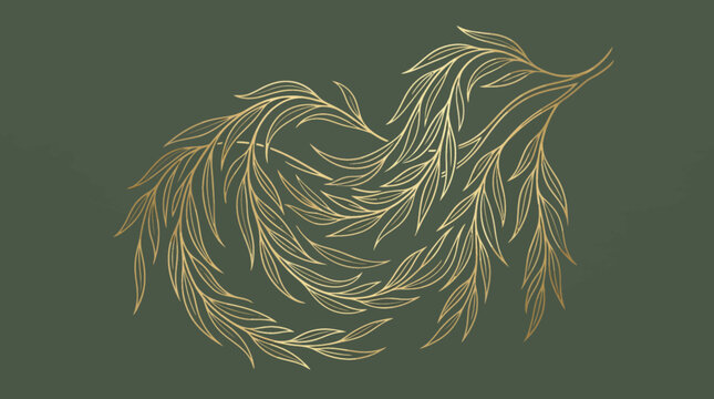 Luxury golden willow branch line art illustration on dark olive green textured background