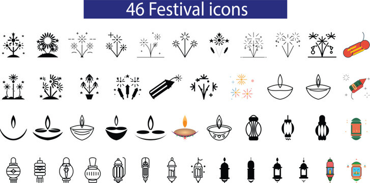 Festival icons set. 46 festival icons set with fireworks, diyas, and lanterns. Collection of diwali celebration. Set of vector silhouettes