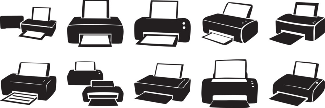A collection of 10 A classic desktop printer silhouette vector, black and white silhouette vector illustration