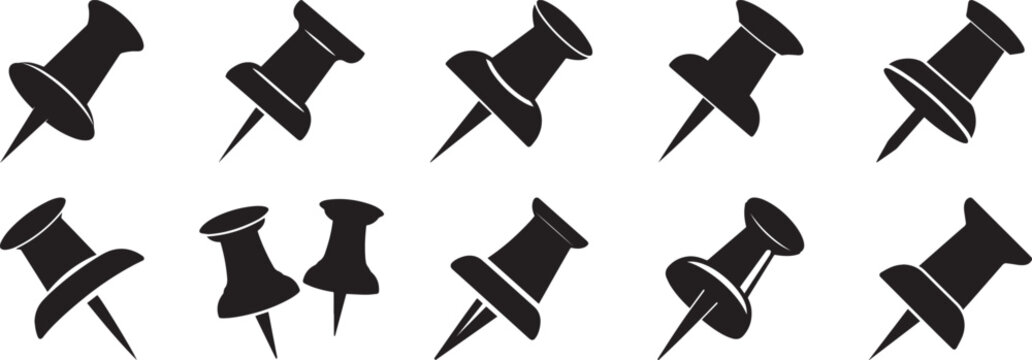 A set of 10 pushpin with sharp point tack office supply silhouette vector, black and white silhouette vector illustration