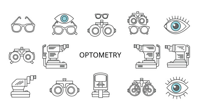 Large collection of icons and equipment for optometry and vision care including glasses, phoropters, eye charts, and diagnostic tools.