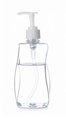 Obraz premium Transparent pump bottle ideal for liquid soap or sanitizer, isolated on a white background.