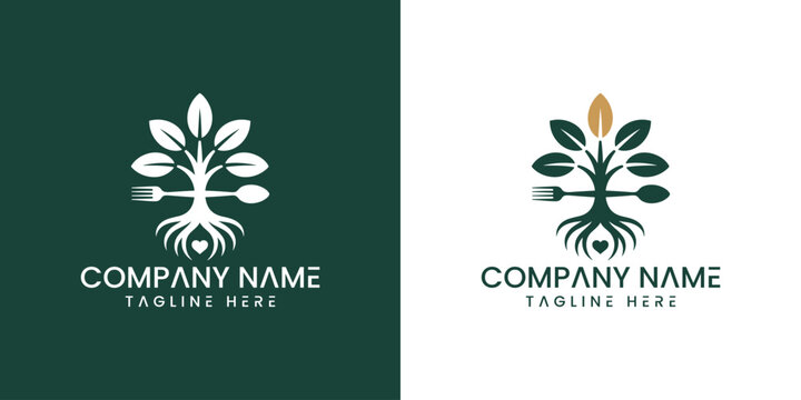 Logo design featuring a tree with utensils and customizable company name and tagline