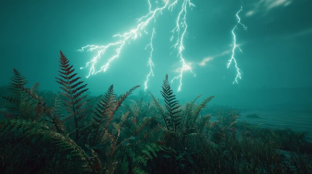 Electric blue lightning illuminating lush prehistoric fern forest during an intense storm