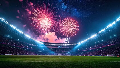 Spectacular Fireworks Display Illuminates Packed Football Stadium at Night.
