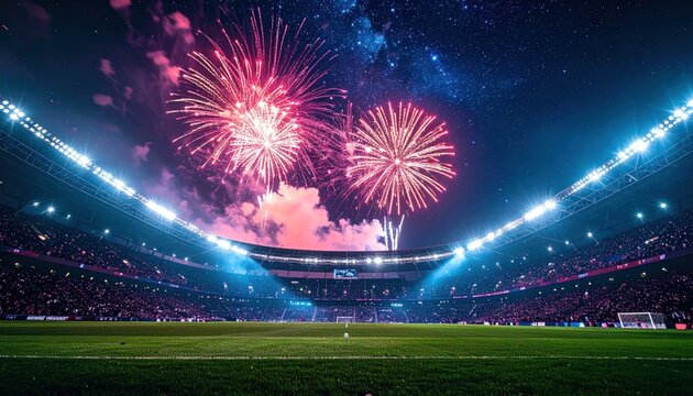 Spectacular Fireworks Display Illuminates Packed Football Stadium at Night.