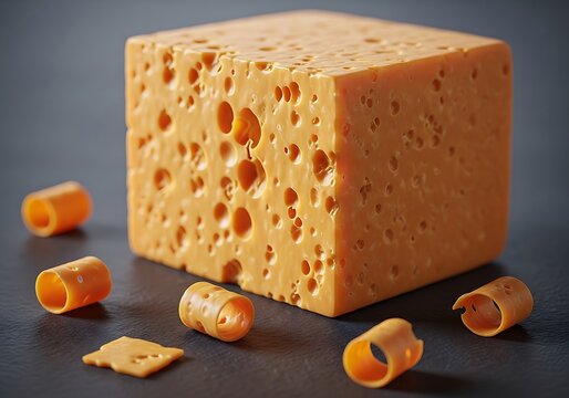 Delicious yellow cheese block with holes and crumbs around