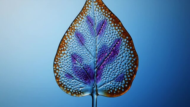 A detailed macro photograph showcases the intricate vein structure of a dried leaf against a vibrant blue background, highlighting its delicate beauty and natural patterns.