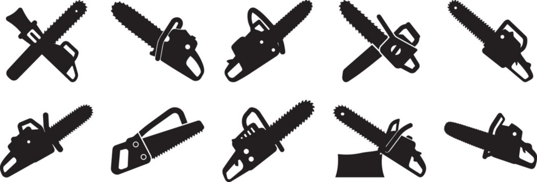 A set of 10 chainsaw silhouette vector, black and white silhouette vector illustration