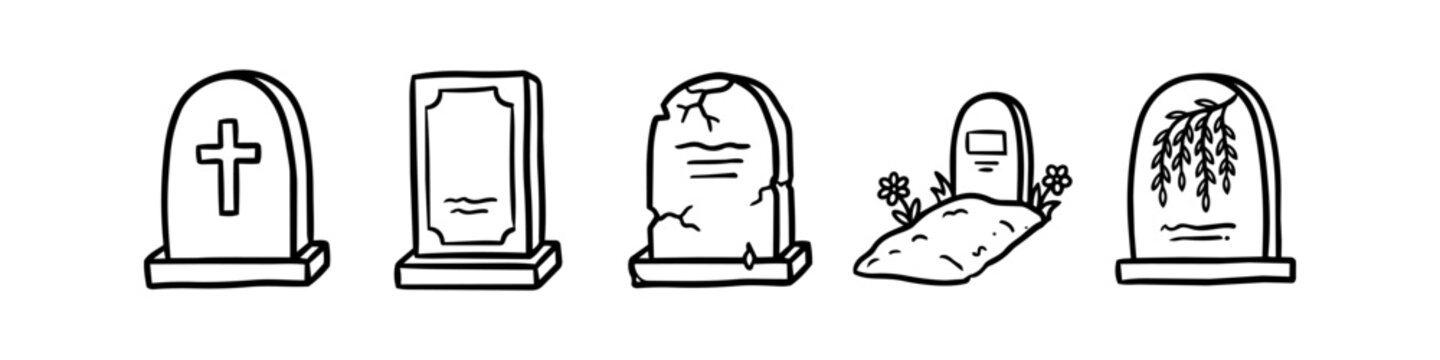 A collection of five hand-drawn gravestone and tombstone icons in a doodle style. Black and white line art sketches of cemetery headstones for Halloween, memory, and funeral designs.