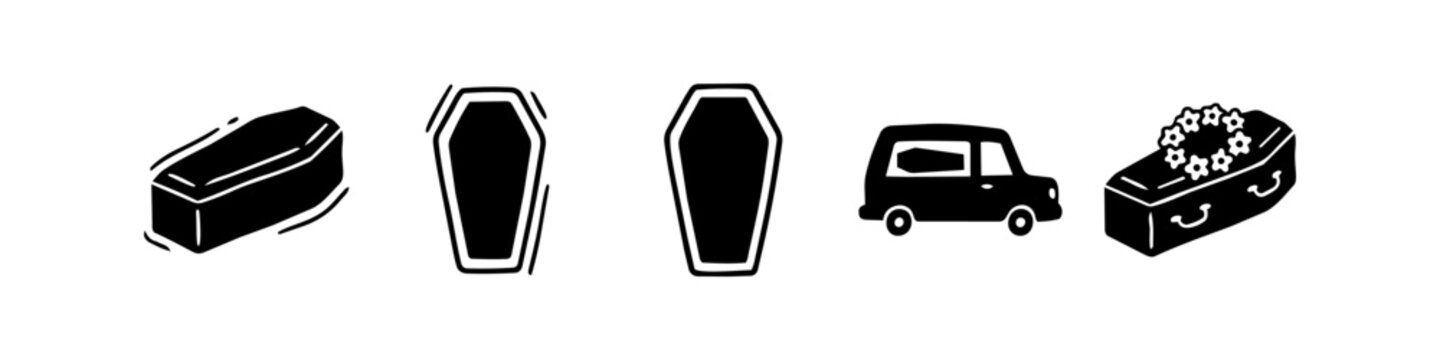 Set of hand-drawn funeral icons including various coffins, a hearse car, and a casket with floral wreath. Minimalist black silhouettes on white background for mourning and memorial design.