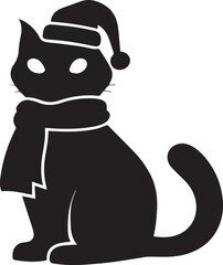Christmas cute cat silhouette vector, black and white silhouette vector illustration