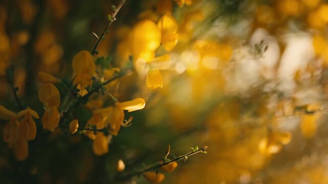 Bright yellow flowers glow in the warm light of the setting sun. Vibrant floral garden scene with a slow motion panning movement.